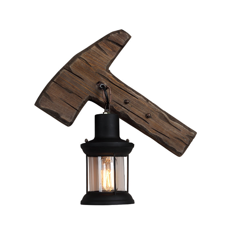 BowLift | 1-Light Lantern Wall Light Kit Landscape Brown Clear Glass Wall Pendant Lamp with Rectangular/Semi-Circular Wood Backplate