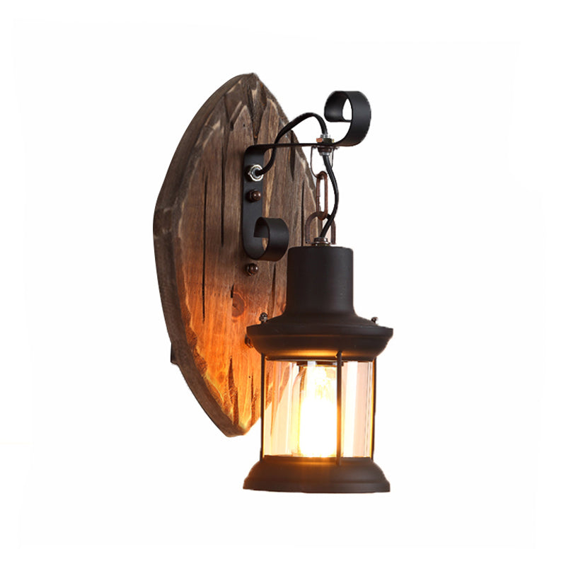 BowLift | 1-Light Lantern Wall Light Kit Landscape Brown Clear Glass Wall Pendant Lamp with Rectangular/Semi-Circular Wood Backplate