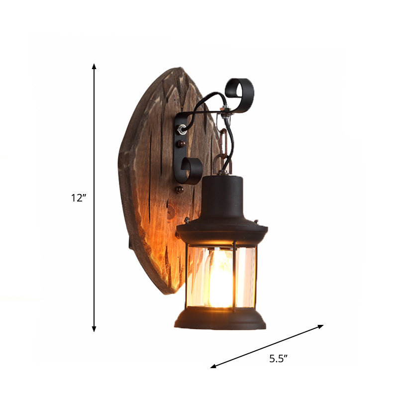 BowLift | 1-Light Lantern Wall Light Kit Landscape Brown Clear Glass Wall Pendant Lamp with Rectangular/Semi-Circular Wood Backplate