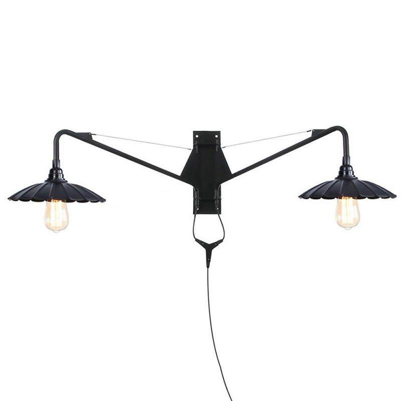 BowLift | Industrial Scalloped/Exposed Wall Lamp 1/2-Light Iron Plug-in Wall Mounted Lighting with Long Swing Arm in Black