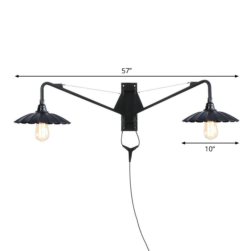 BowLift | Industrial Scalloped/Exposed Wall Lamp 1/2-Light Iron Plug-in Wall Mounted Lighting with Long Swing Arm in Black
