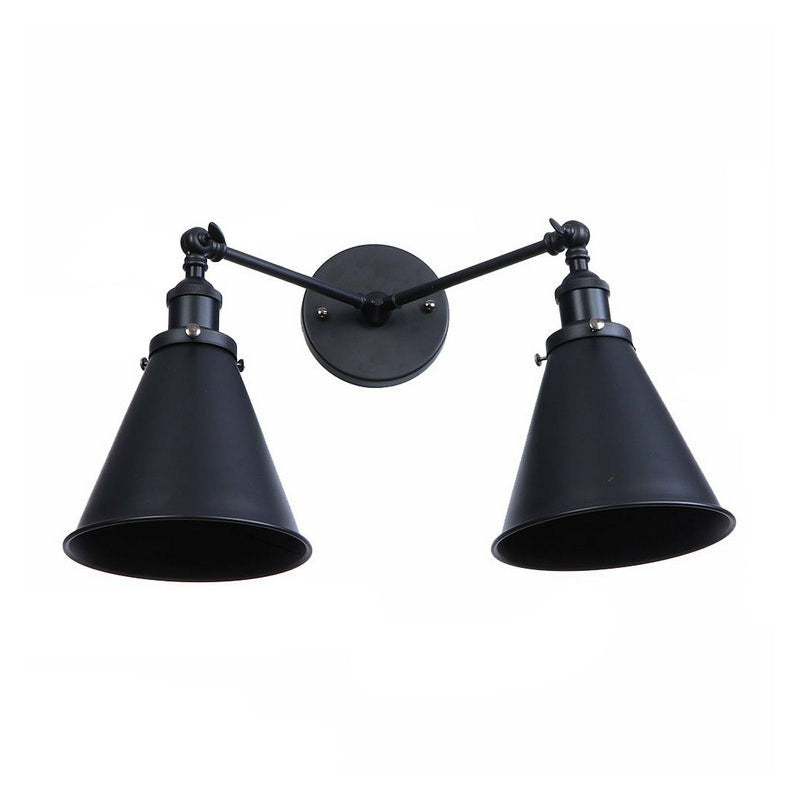 BowLift | 2 Lights Wall Mounted Lamp Retro Cone/Shell Pivot Shade Metal Wall Light in Black for Bathroom