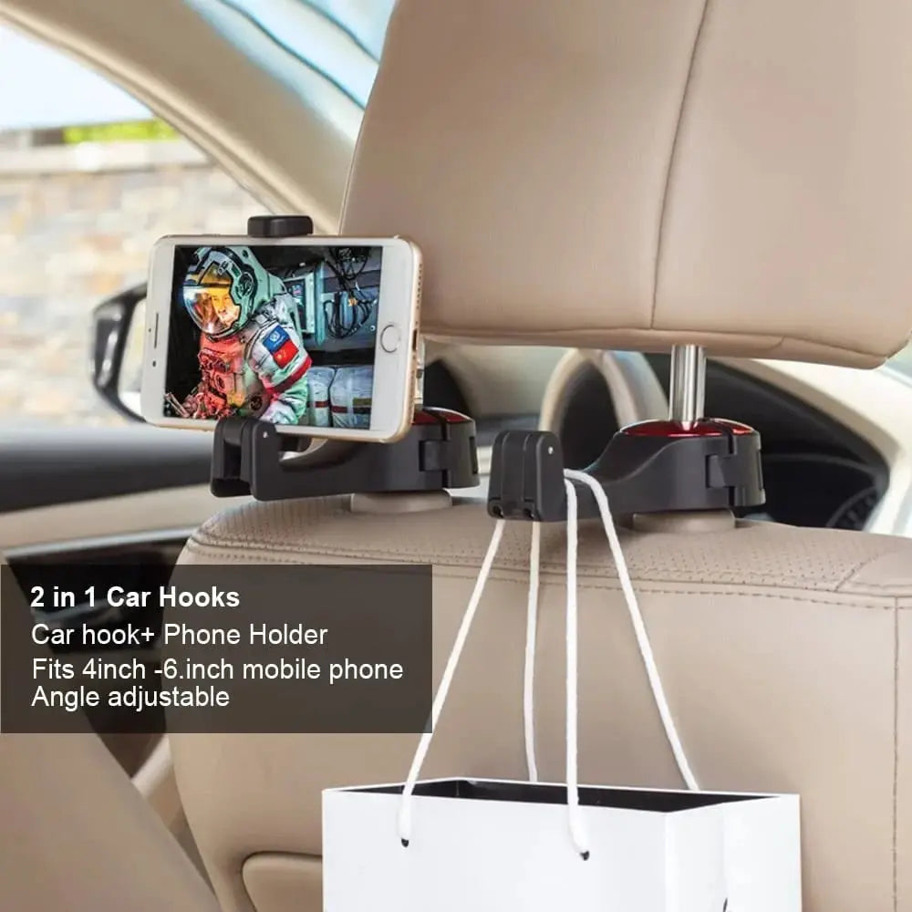 BowLift | 2-in-1 Car Headrest Hooks – Holds Bags & Serves as Smartphone Holder
