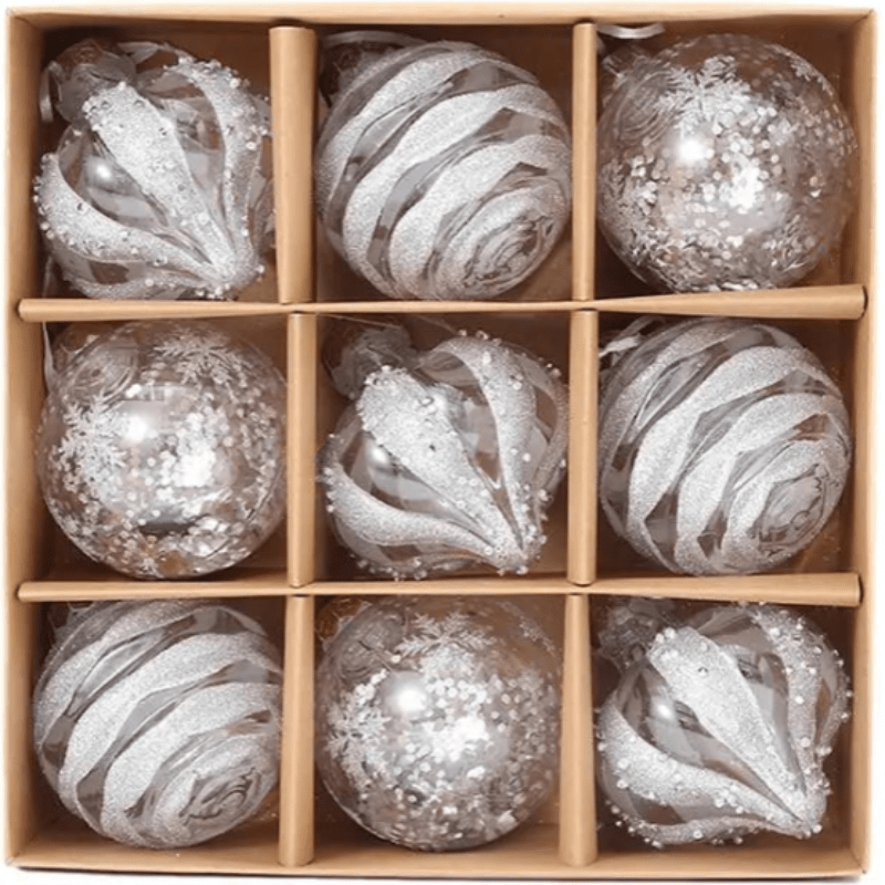 BowLift | GlossParty Christmas Hanging Decorations – Set of 9 Plastic Ornaments with Snowflake and Balloon Design