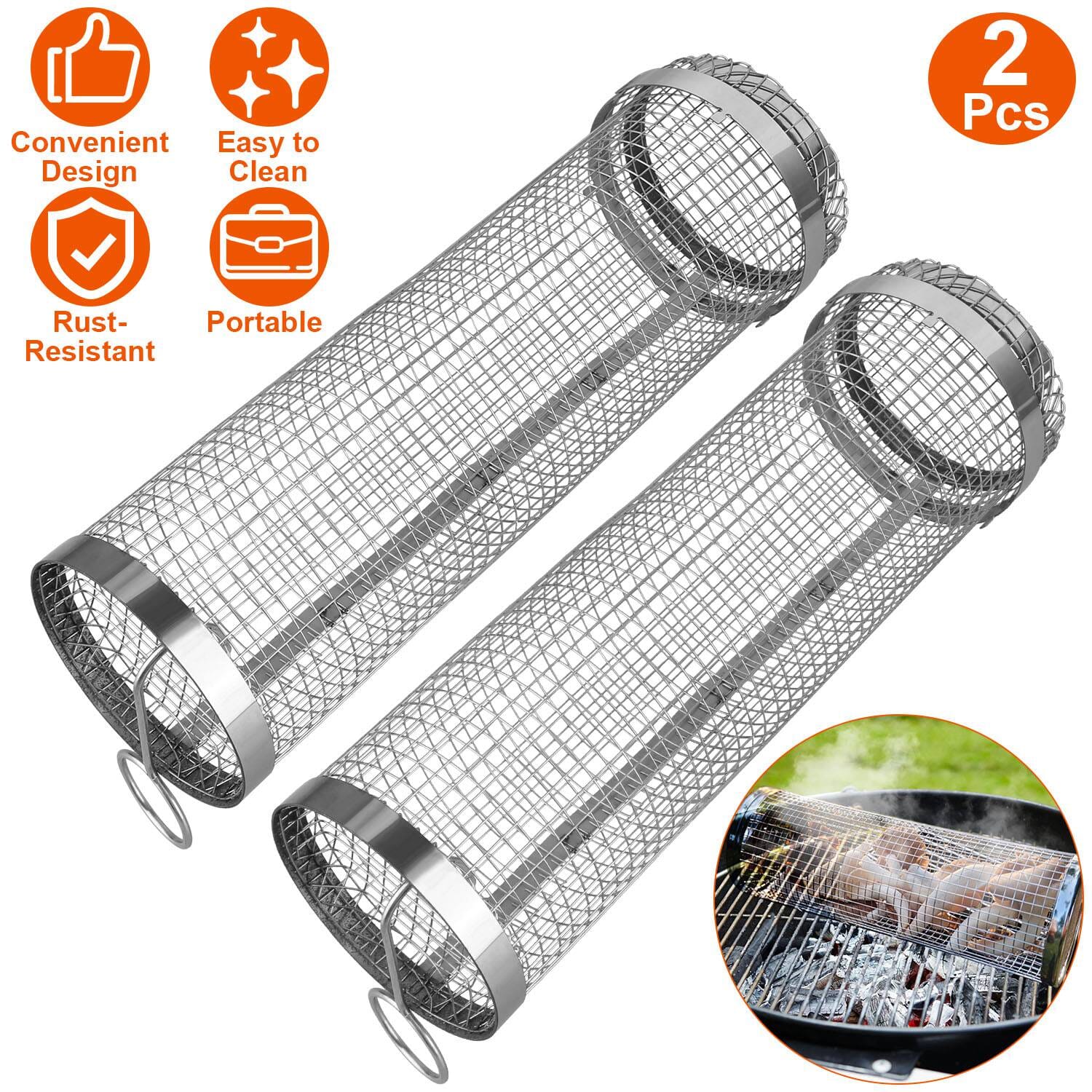 BowLift | 2-piece: Portable BBQ Rolling Basket Round Stainless Steel Grill
