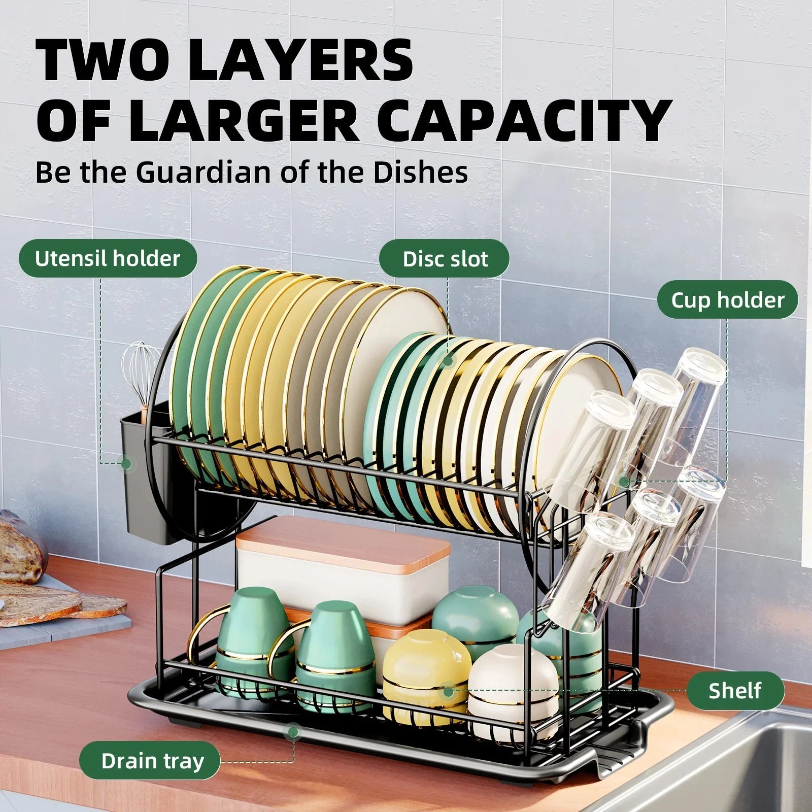 2 Tier Dish Drying Rack Drain Board Set Tableware Drainer Kitchen Rack | Bowlift
