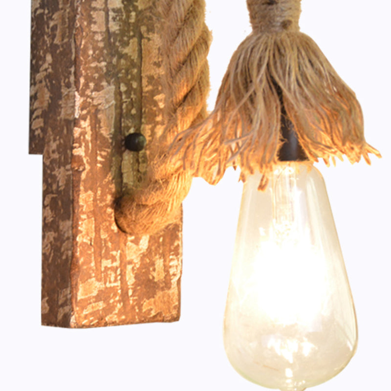 BowLift | 1 Light Bare Bulb Wall Lamp Fixture Warehouse Beige Jute Rope Wall Mounted Light with Wooden Back Plate