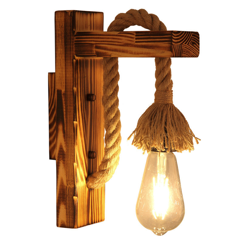 BowLift | 1-Bulb Wood Wall Mounted Lighting Industrial Brown Rectangular Hall Rope Wall Light Set