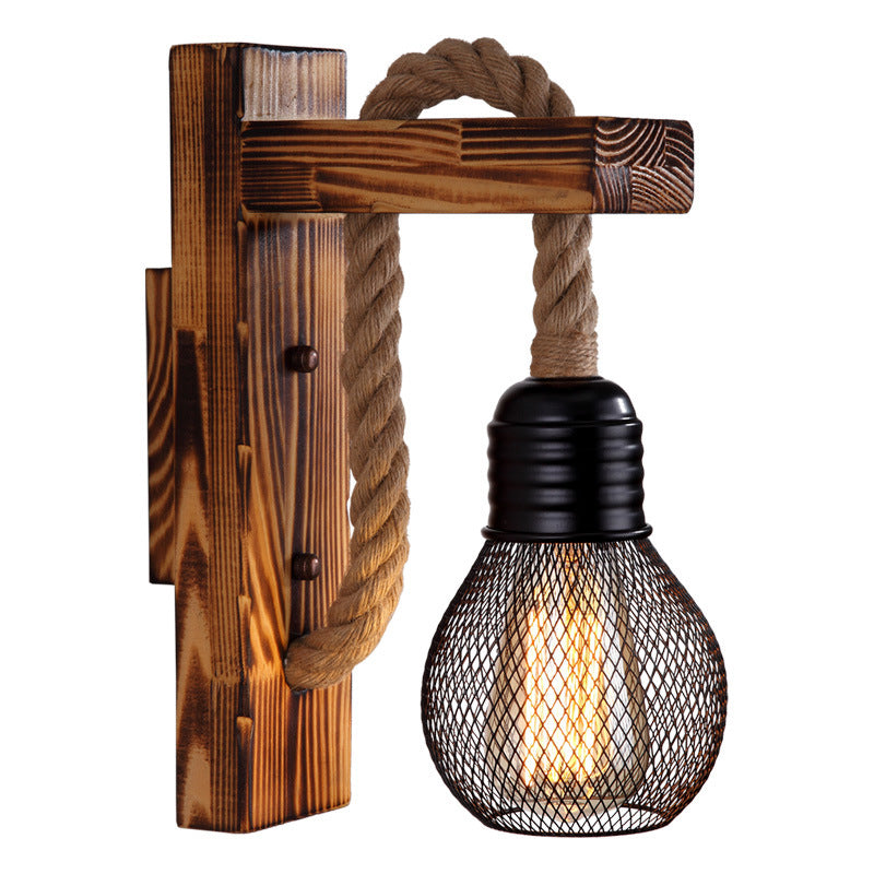 BowLift | 1-Bulb Wood Wall Mounted Lighting Industrial Brown Rectangular Hall Rope Wall Light Set