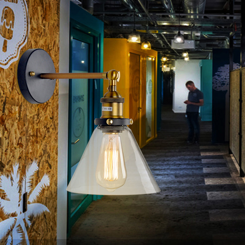 BowLift | 1 Light Geometry Wall Mount Light Industrial Brass Finish Clear Glass Wall Lighting Ideas for the Hallway