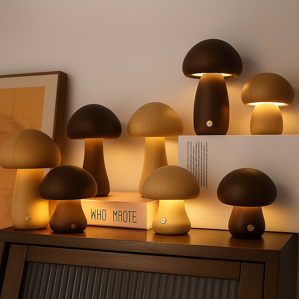 BowLift | LumoNight Wooden Mushroom Night Light – LED Bedside Lamp with Touch Control