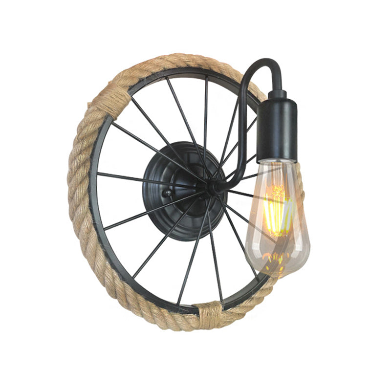 BowLift | 1 Light Open Bulb Wall Lamp Industrial Black Rope Wall Mounted Lamp with Wheel Shape