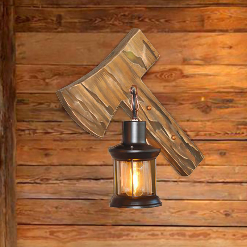 BowLift | Lantern Indoor Wall Lighting Rustic Style Clear Glass 1 Light Black Wall Lamp with Wooden Backplate