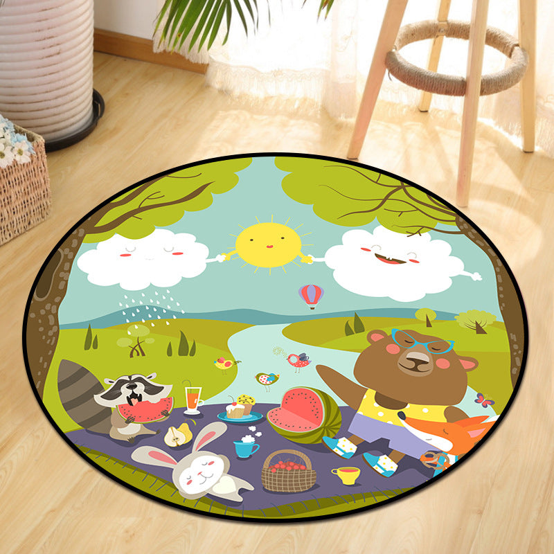 BowLift | Cute Animal Picnic Drawing Carpet Multi-Color Children's Art Carpet Synthetic Non-Slip Machine Washable Stain Resistant Carpet for Children's Room