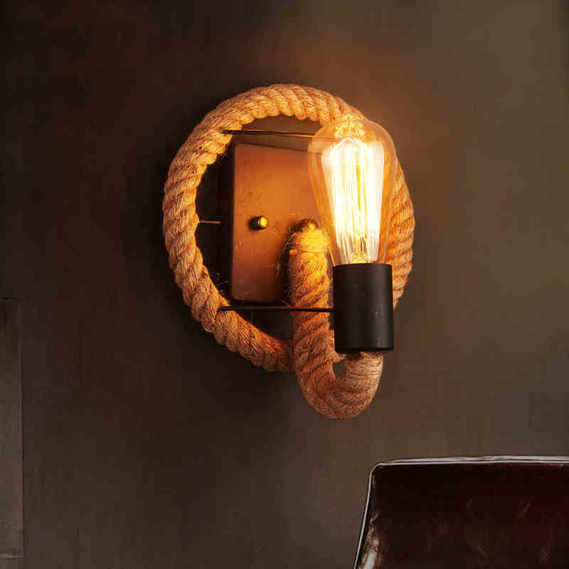 BowLift | 1-Head Rope Wall Lamp Loft Style Black Finish Round/Oval Hall Metal Wall Mount Lighting with Exposed Bulb