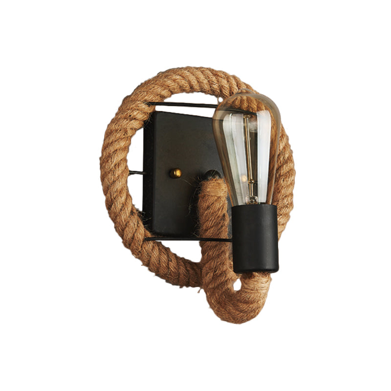 BowLift | 1-Head Rope Wall Lamp Loft Style Black Finish Round/Oval Hall Metal Wall Mount Lighting with Exposed Bulb