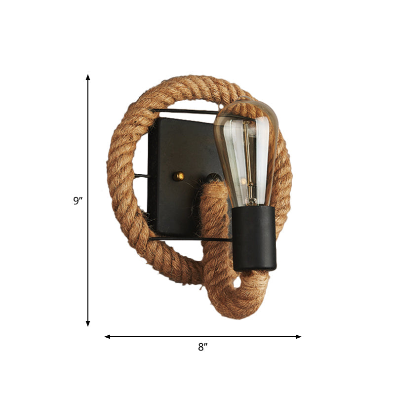 BowLift | 1-Head Rope Wall Lamp Loft Style Black Finish Round/Oval Hall Metal Wall Mount Lighting with Exposed Bulb
