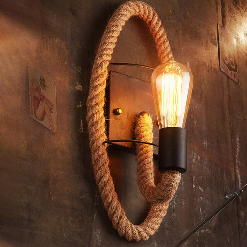 BowLift | 1-Head Rope Wall Lamp Loft Style Black Finish Round/Oval Hall Metal Wall Mount Lighting with Exposed Bulb