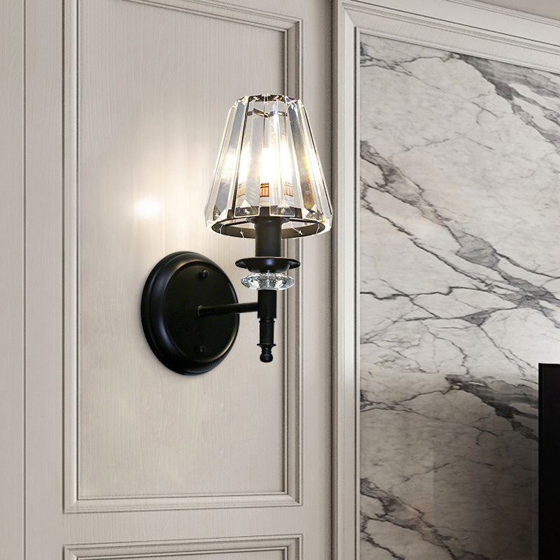 BowLift | Clear Crystal Cone Wall Mount Light Contemporary Style 1 Bulb Black Surface Wall Light for Bedroom