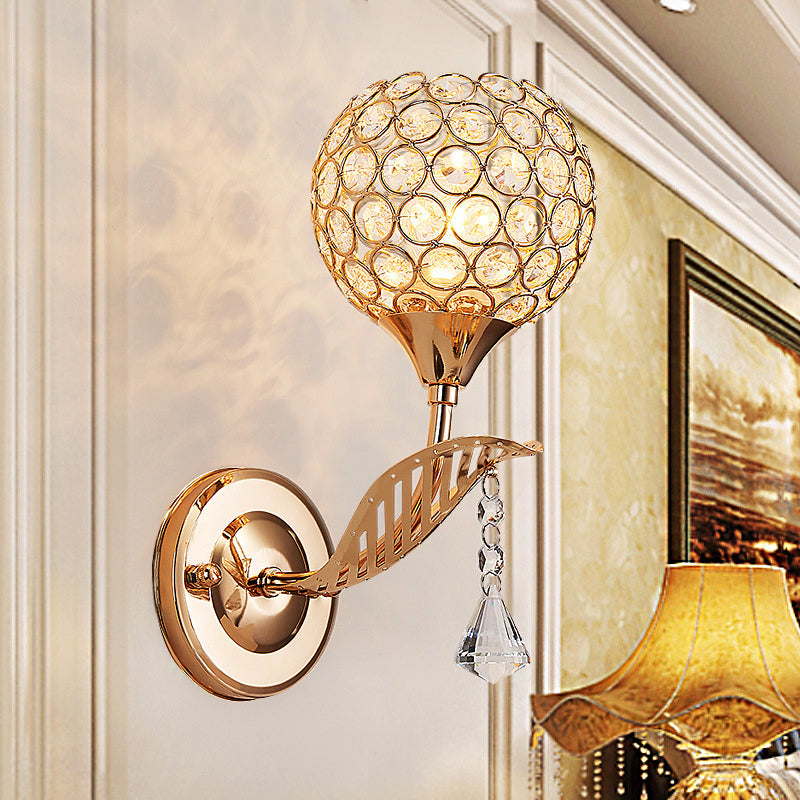 BowLift | 1 Bulb Corridor Wall Mounted Lighting Vintage Style Gold Wall Lamp with Global Clear Crystal Shade