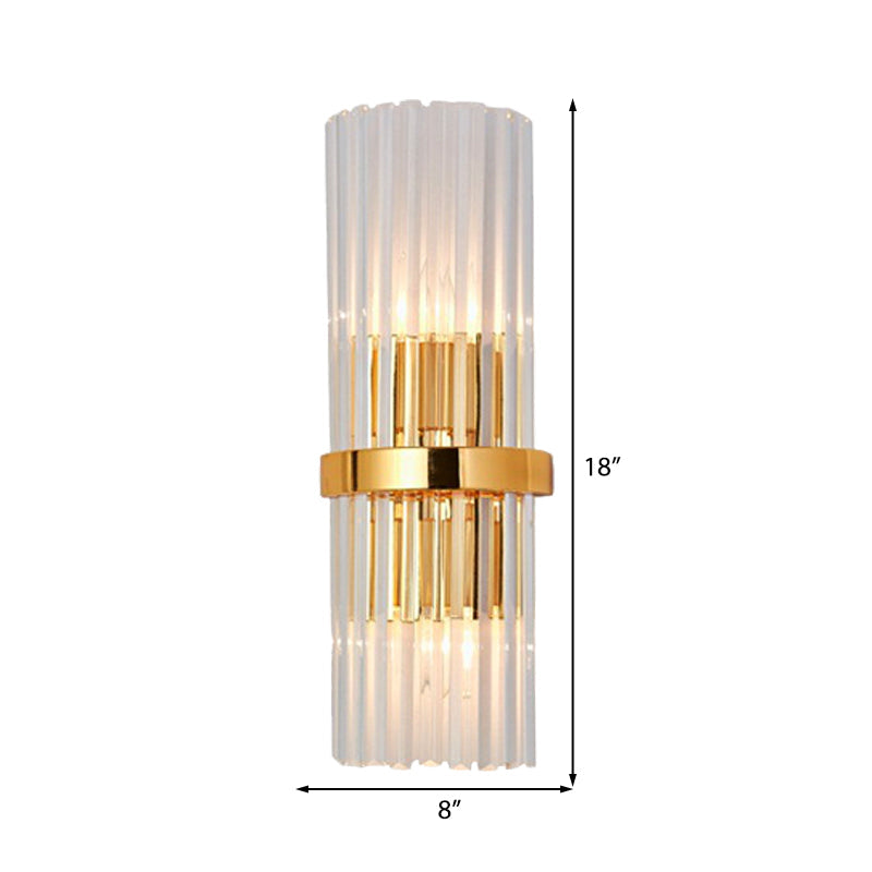 BowLift | 2 Light Living Room Wall Mounted Lamp Modern Brass Finish Wall Light with Cylindrical Clear Crystal Shade