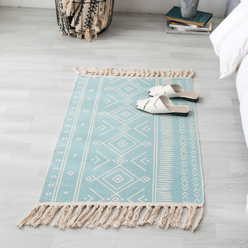 BowLift | Ethnic geometric pattern rug Multi-color cotton blend area rug machine washable handwoven rug with fringes for room