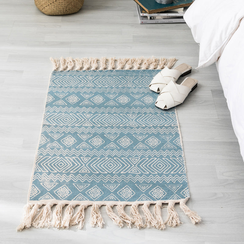 BowLift | Ethnic geometric pattern rug Multi-color cotton blend area rug machine washable handwoven rug with fringes for room