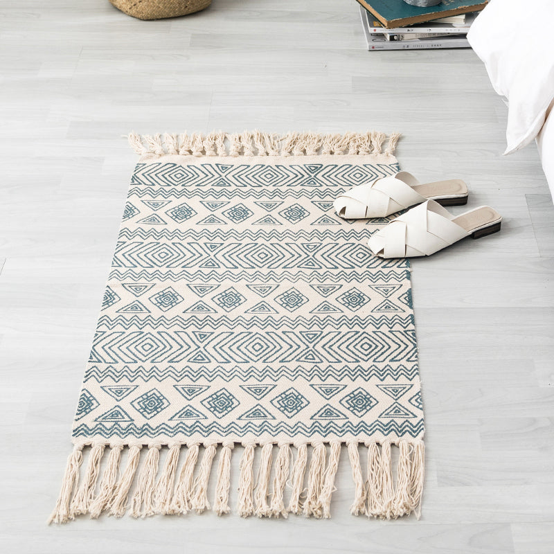 BowLift | Ethnic geometric pattern rug Multi-color cotton blend area rug machine washable handwoven rug with fringes for room