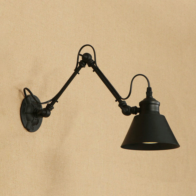 BowLift | 1 Head Cone-Shaped Wall Mount Retro Style Black/Chrome Metal Swing Arm Wall Light for the Study