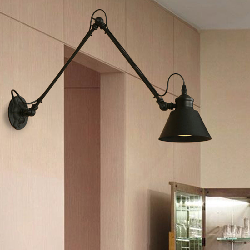 BowLift | 1 Head Cone-Shaped Wall Mount Retro Style Black/Chrome Metal Swing Arm Wall Light for the Study