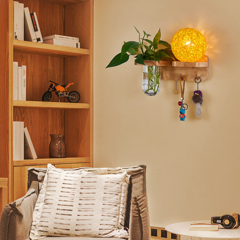 BowLift | 1-Light Rattan Wall Lamp Nordic Ball Living Room Wall Lamp with Pull Chain and Plant Pot