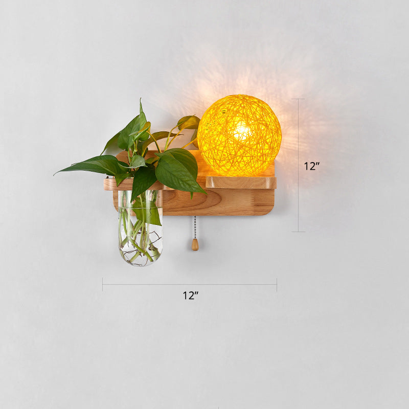 BowLift | 1-Light Rattan Wall Lamp Nordic Ball Living Room Wall Lamp with Pull Chain and Plant Pot