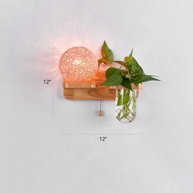 BowLift | 1-Light Rattan Wall Lamp Nordic Ball Living Room Wall Lamp with Pull Chain and Plant Pot