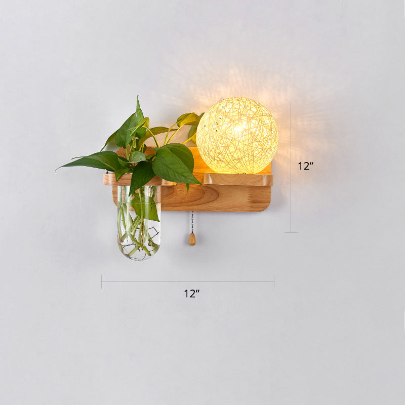 BowLift | 1-Light Rattan Wall Lamp Nordic Ball Living Room Wall Lamp with Pull Chain and Plant Pot