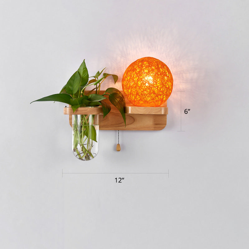 BowLift | 1-Light Rattan Wall Lamp Nordic Ball Living Room Wall Lamp with Pull Chain and Plant Pot