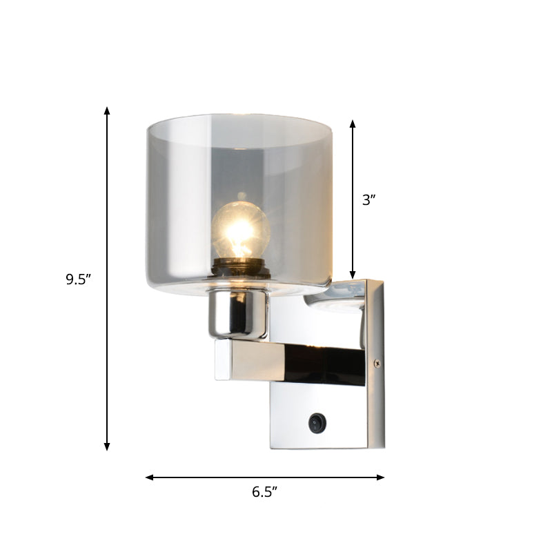 BowLift | Cylindrical gray glass wall lamp modernist 1 light chrome wall light with 1 switch/2 switches/no switch