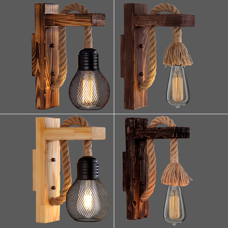 BowLift | Wooden L-shaped Wall Support Lantern Farmhouse 1 Lamp Bedroom Wall Lamp with Rope Arm