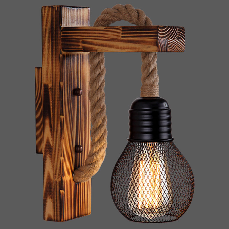 BowLift | Wooden L-shaped Wall Support Lantern Farmhouse 1 Lamp Bedroom Wall Lamp with Rope Arm