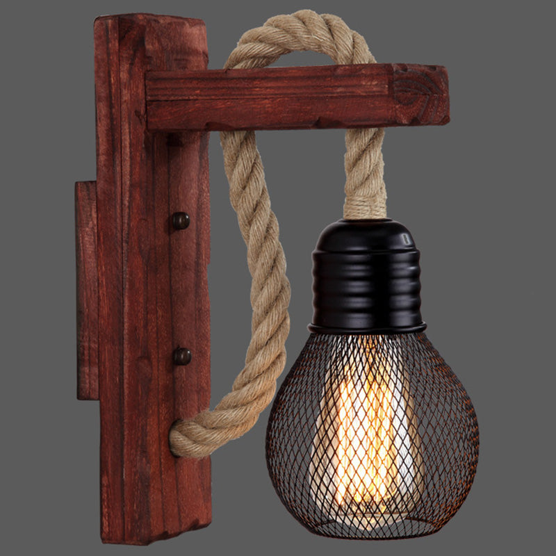 BowLift | Wooden L-shaped Wall Support Lantern Farmhouse 1 Lamp Bedroom Wall Lamp with Rope Arm