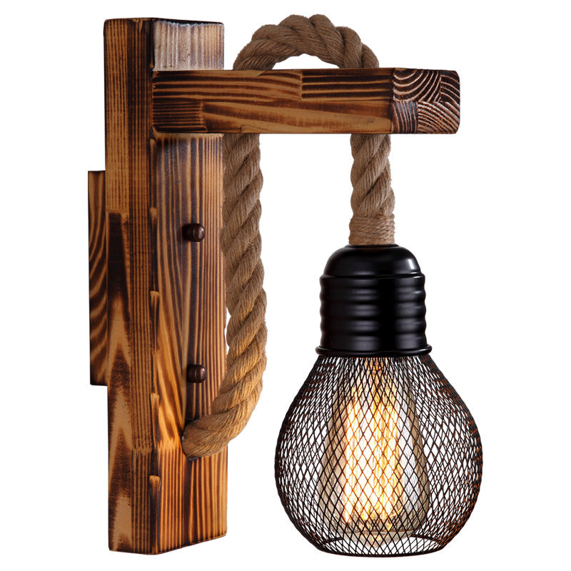 BowLift | Wooden L-shaped Wall Support Lantern Farmhouse 1 Lamp Bedroom Wall Lamp with Rope Arm