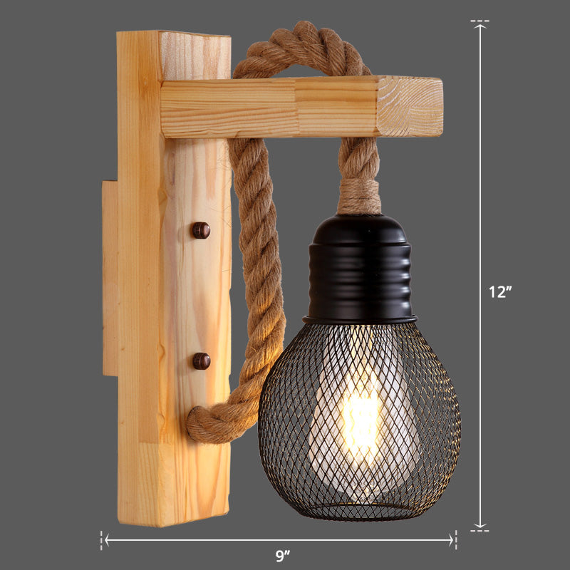 BowLift | Wooden L-shaped Wall Support Lantern Farmhouse 1 Lamp Bedroom Wall Lamp with Rope Arm