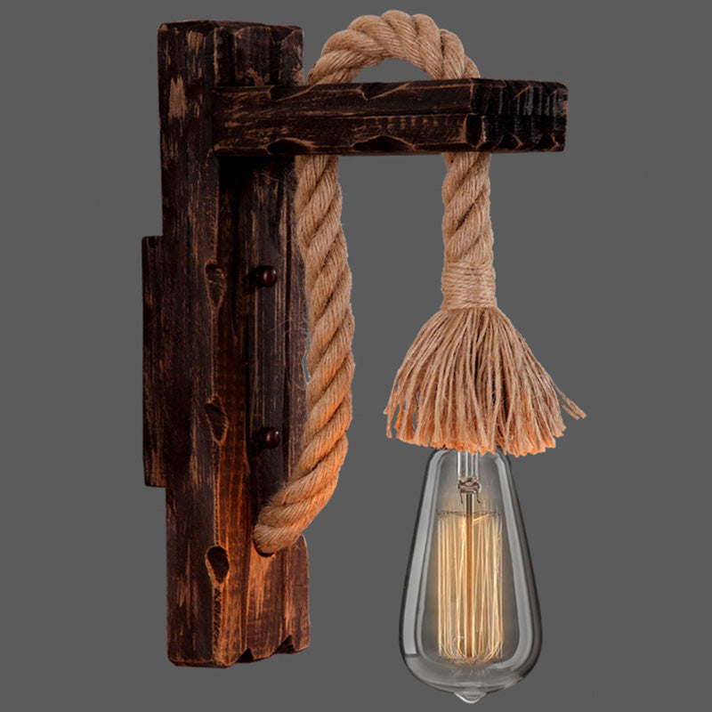 BowLift | Wooden L-shaped Wall Support Lantern Farmhouse 1 Lamp Bedroom Wall Lamp with Rope Arm