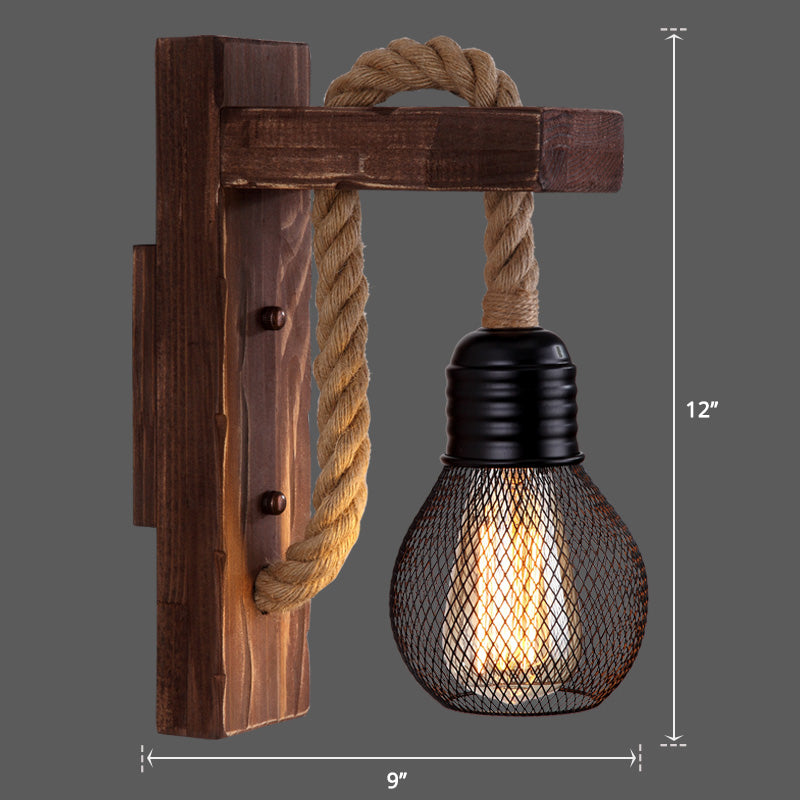 BowLift | Wooden L-shaped Wall Support Lantern Farmhouse 1 Lamp Bedroom Wall Lamp with Rope Arm