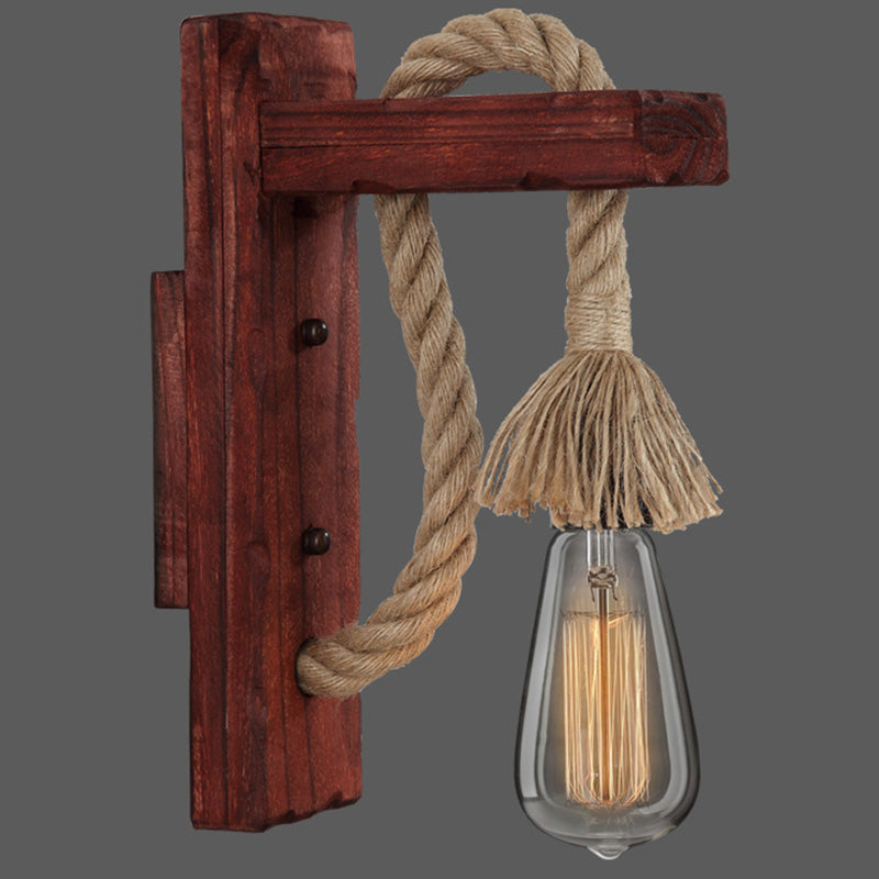 BowLift | Wooden L-shaped Wall Support Lantern Farmhouse 1 Lamp Bedroom Wall Lamp with Rope Arm