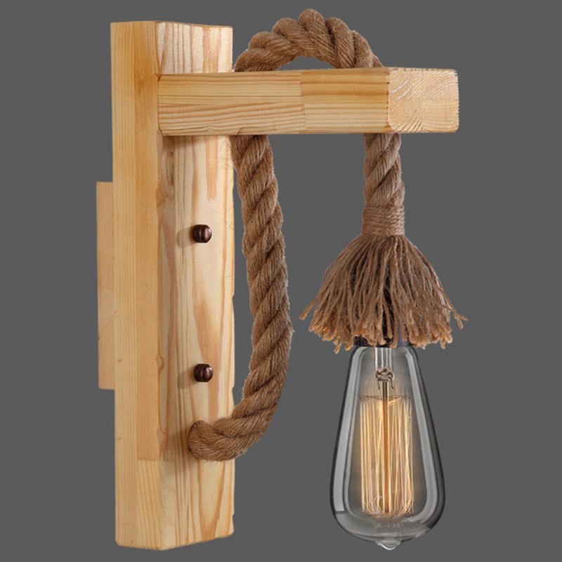 BowLift | Wooden L-shaped Wall Support Lantern Farmhouse 1 Lamp Bedroom Wall Lamp with Rope Arm