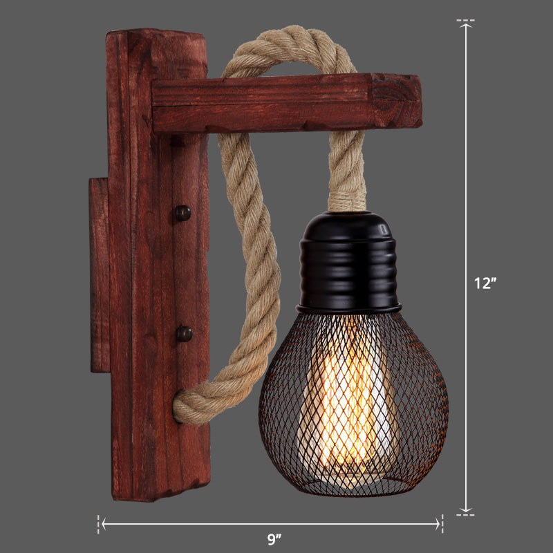BowLift | Wooden L-shaped Wall Support Lantern Farmhouse 1 Lamp Bedroom Wall Lamp with Rope Arm