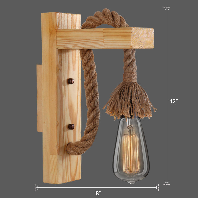BowLift | Wooden L-shaped Wall Support Lantern Farmhouse 1 Lamp Bedroom Wall Lamp with Rope Arm