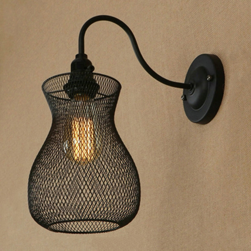 BowLift | 1 Bulb Vase Shape Wall Sconce with Mesh Shade Industrial Style Black Metal Wall Light for Hallway