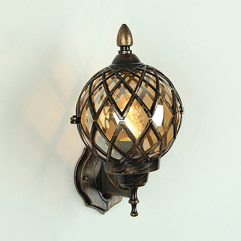BowLift | 1 Light Amber Glass Wall Lamp Light Industrial Black Ball Dining Room Lighting Fixture with Cage