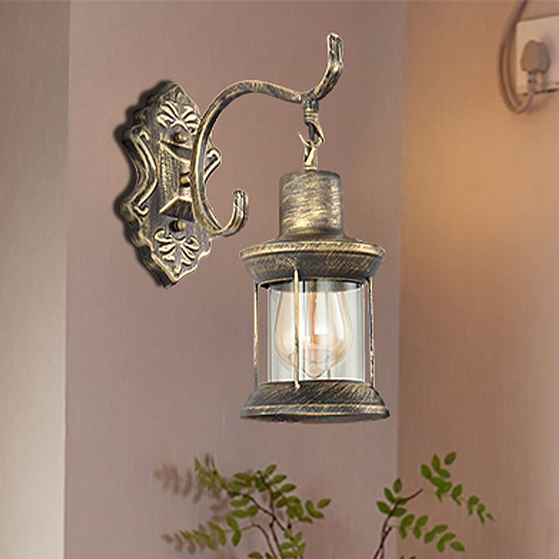 BowLift | 1 Light Bulb Kerosene Wall Mounted Light Rustic Style Aged Bronze Clear Glass Lighting with Engraved Pattern